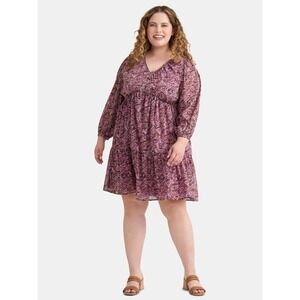Terra & Sky Dress 4X Semi Sheer Lined Flowey Purple Floral Long Sleeve Chiffon